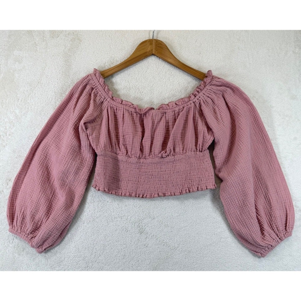 SHEIN Women Pink Gauze Smocked Crop Top Ruffle Off Shoulder Lantern Sleeve Large